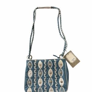 Blue Embroidered Shoulder Bag with Cream Detailing